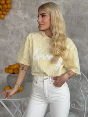 T-shirt με Δαντέλα Κίτρινο