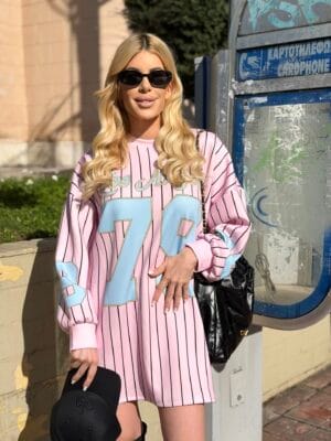 Φόρεμα Oversized Ριγέ Ροζ