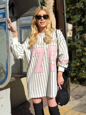 Φόρεμα Oversized Ριγέ Λευκό