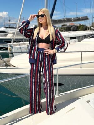 Σετ Πλεκτό Μπλε με Κόκκινη Ρίγα