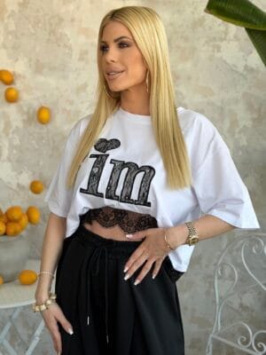 T-shirt Λευκό με Μαύρη Δαντέλα