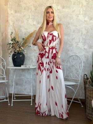 Ολόσωμη Φόρμα Στράπλες Εκρού Κόκκινη