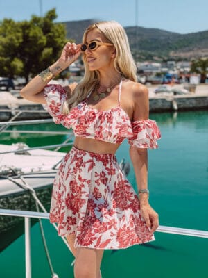 Σετ Μπούστο & Φούστα Εμπριμέ Κόκκινο Λευκό