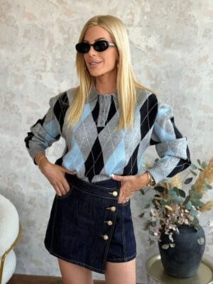 Μπλούζα Πλεκτή με Γιακά Γκρι Μπλε