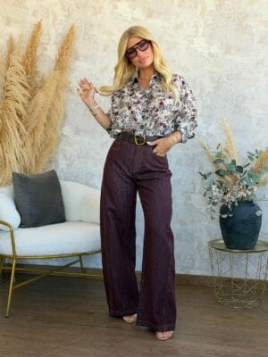 Παντελόνι Τζιν Wide Leg Μπορντώ Ριγέ με Ζώνη